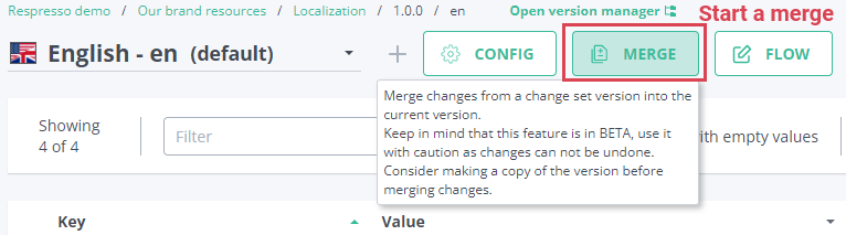 Start localization version merging from target version by pressing the merge button.