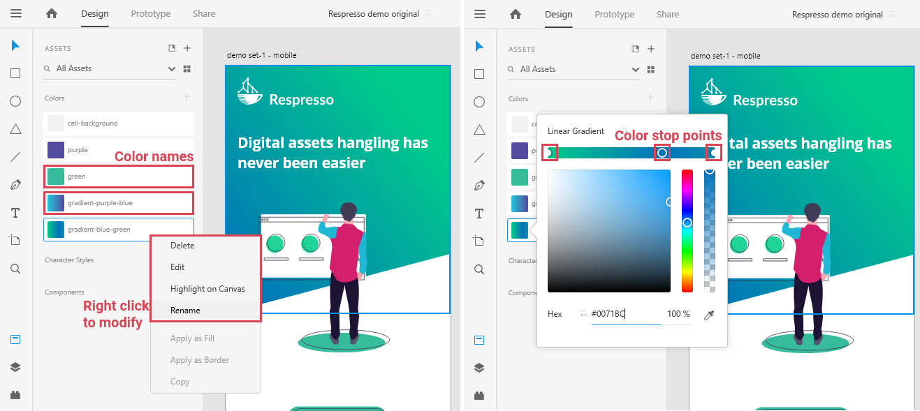 Find your design's color assets in Adobe XD