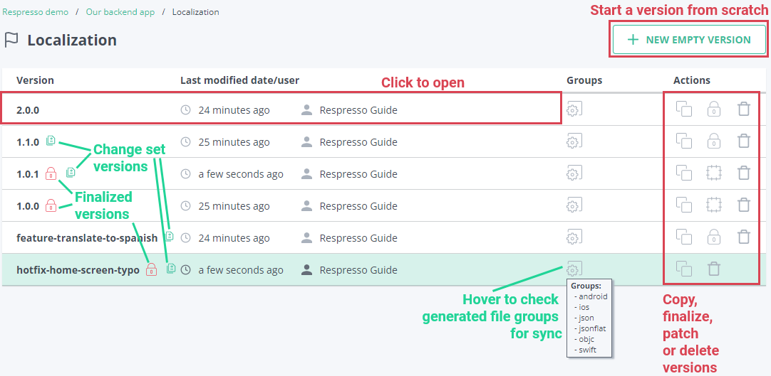 Version management options in Respresso