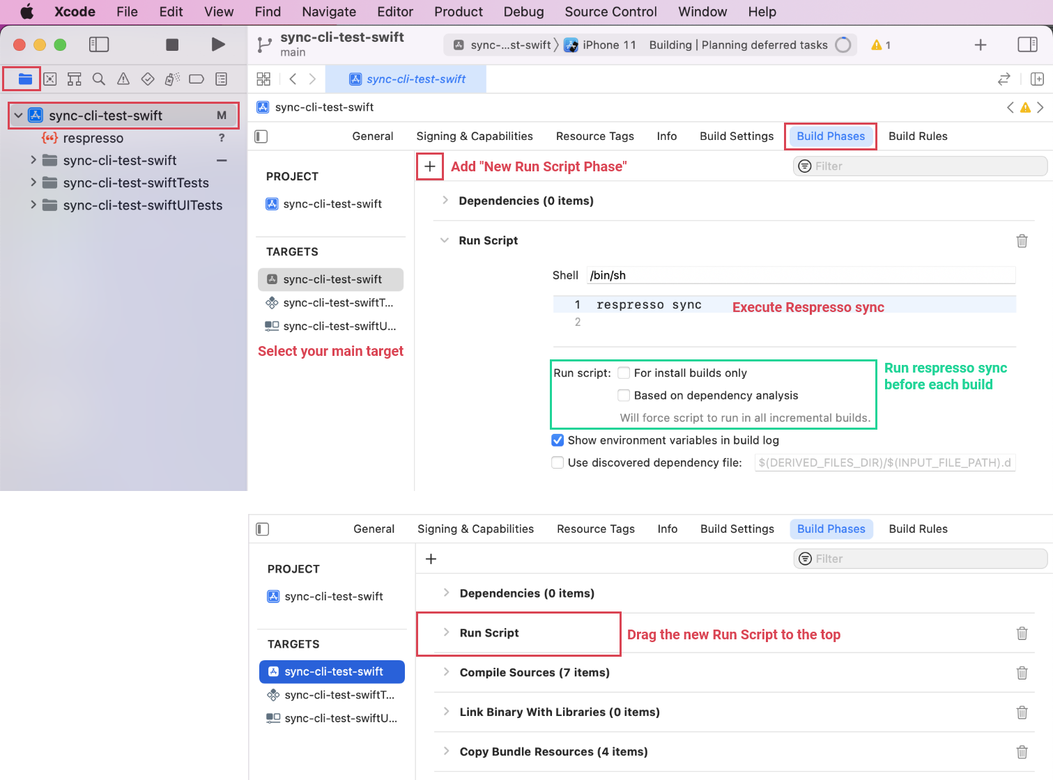 Add 'respresso sync' as Run Script to your main target.