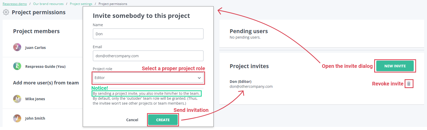 How to invite an outsider to a project in Respresso