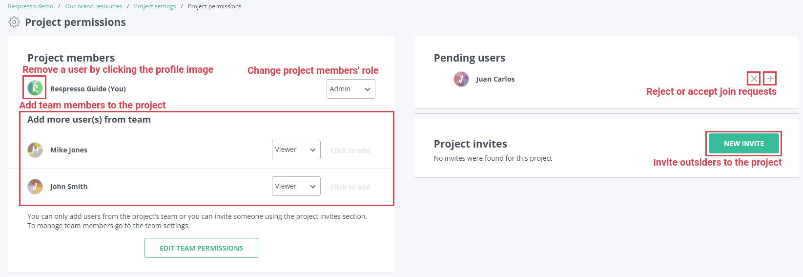 Manage project members in Respresso