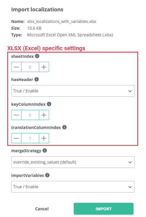 Showing specific import options for xlxs files. (Sheet index, has header, key column index and translation column index.)