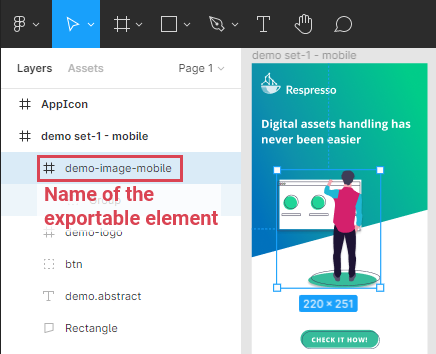Edit exportable element's name in the Layers tab.