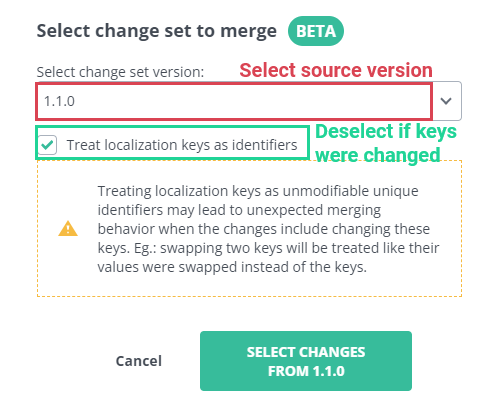 Select change set version and base of difference computation.