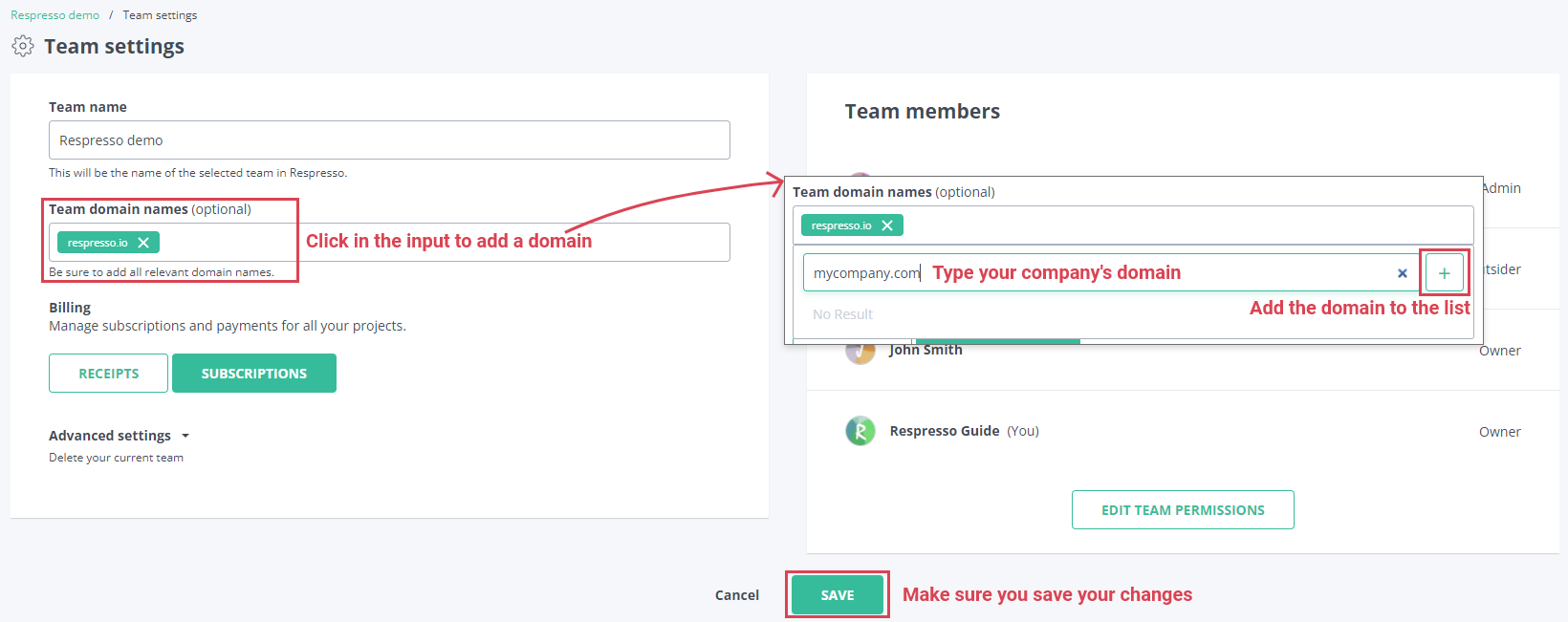 Manage team domains in Respresso