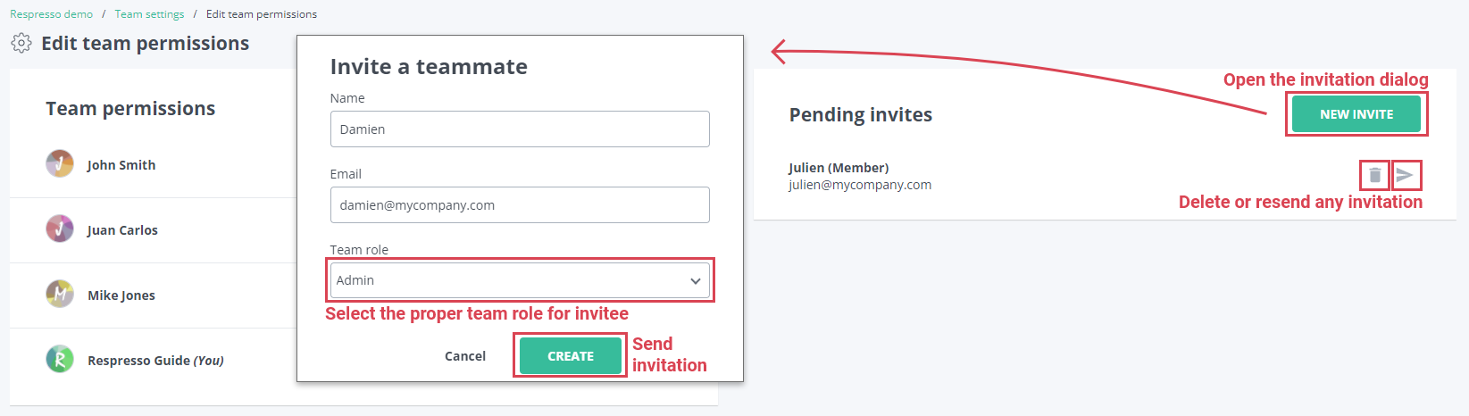 Manage team invitations in Respresso